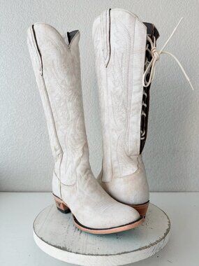 Lane MONICA Knee High White Cowboy Boots Womens 8.5 Western Cowgirl Lace Up Tall